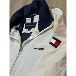 Tommy Hilfiger Mens Medium White Windbreaker Bomber Jacket w/ Tuckaway Hood